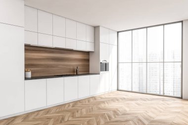 Mutfak dolabının içi ahşap kaplamalı, panoramik pencere ve parke döşemeli. Modern minimalist konsepte sahip beyaz tasarım. 3d oluşturma