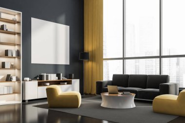 Modern gri oturma odasının duvarında beyaz ve sarı mobilyaları, panoramik pencereleri ve beton zemini olan boş bir poster. İç tasarım konsepti. Köşe manzarası. 3d oluşturma