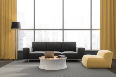 Gri ve sarı oturma odasının içinde kanepe, bir koltuk, halı, beton zemin, perdeler ve şık beyaz kahve masası var. Panoramik manzara. Modern daire tasarımı kavramı. 3d oluşturma