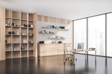 Modern panoramik ofis iç mimarisinin köşesinde hafif ahşap mobilya seti, beyaz detaylar ve koyu gri beton zemin var. Yönetici iş yeri konsepti. 3d oluşturma