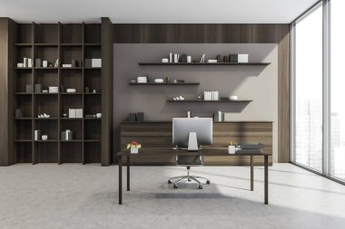 Ofis içi basit ofis masası ve ceviz ağacından yapılmış mobilya seti, gri beton zemin ve panoramik pencereyle bağlanmış bej duvar. Modern tasarım konsepti. 3d oluşturma