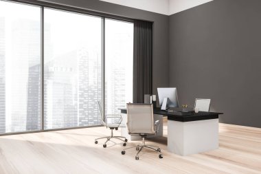 Gri ofis iç manzarası, yönetici çalışma yeri, ziyaretçiler için iki koltuk, ahşap döşeme ve perdeli panoramik pencere. Modern tasarım kavramı. 3d oluşturma