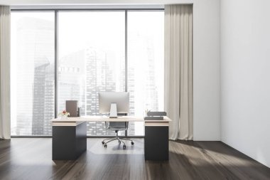 Ofis masası, açık ahşap kapaklı, örgü örülü sandalye, bej perdeli panoramik pencere, beyaz duvarlar ve koyu parke zemin. Modern tasarım konsepti. 3d oluşturma