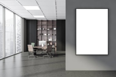 Panoramik gri ofis iç kısımlarında bej raflar ve arka planda yuvarlanan sandalyeler olan tuval. Beton döşeme. Modern çalışma alanı tasarımı kavramı. Model yap. 3d oluşturma