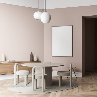 Açık bej renkli oturma odalarından oluşan duvardaki tuval yuvarlak masa, yaratıcı sandalyeler, arka planda iki kolye lambası, büfe ve kapı aralığı. Modern ev tasarımı kavramı. Model yap. 3d oluşturma