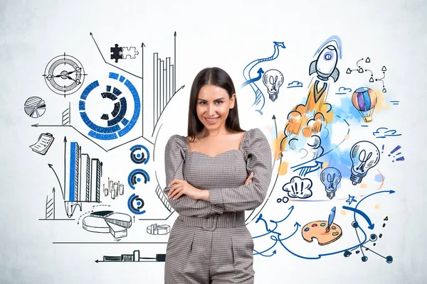 Businesswoman Standing Arms Crossed Smiling Colourful Drawing Different Icons Thinking — Stock Photo, Image