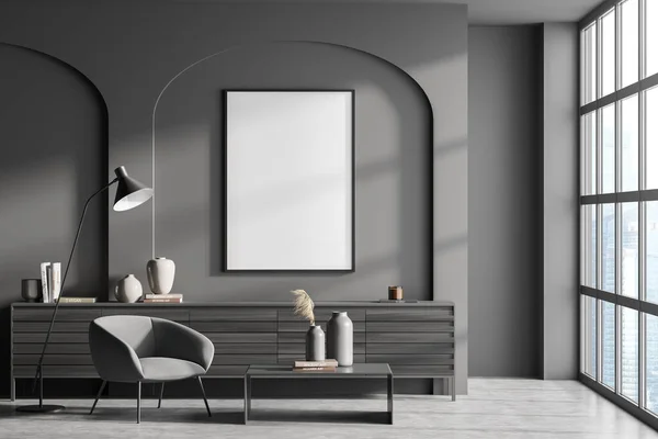 Empty Canvas Dark Grey Living Room Interior Wall Arches Panoramic — Stock Photo, Image