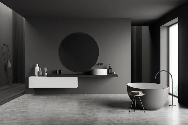 Salle Bain Intérieure Avec Baignoire Lavabo Avec Miroir Sol Béton — Photo