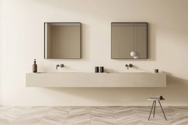 ベージュの壁と寄木細工のタイルとバスルームのインテリア シンクとタップとミニマリストスツールと棚の虚栄心の上に2つの正方形の鏡 現代的なデザインの概念 3Dレンダリング — ストック写真