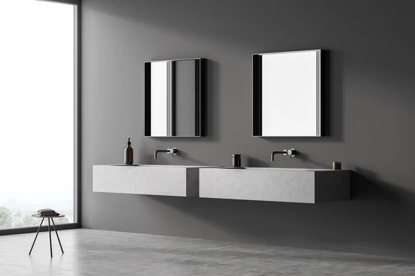 Panoramic Grey Bathroom Interior Shelf Vanities Concrete Floor Two Square — Stock Photo, Image