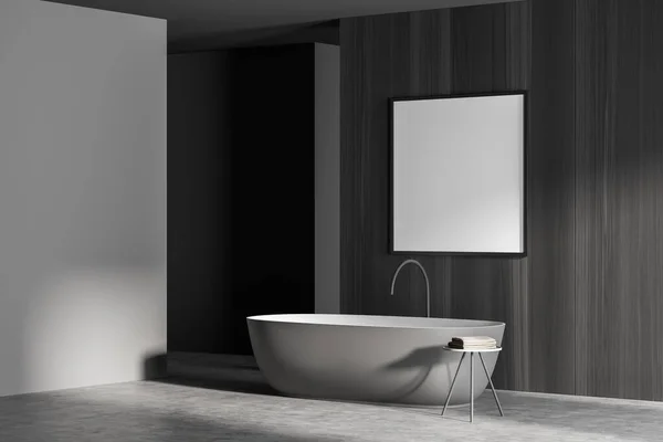 Mockup Marco Cuadrado Pared Baño Gris Oscuro Minimalista Con Bañera —  Fotos de Stock