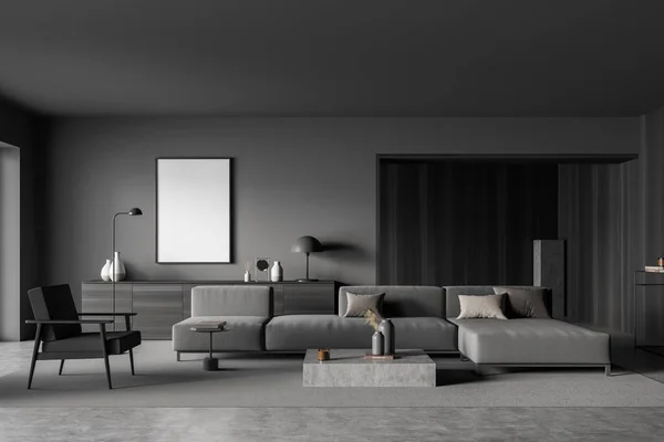 Dark Grey Living Room Interior Trend Details Wood Materials Comfy — Stock Photo, Image