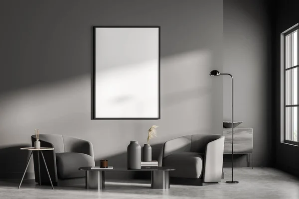 Empty Frame Dark Grey Wall Living Room Interior Concrete Flooring — Stock Photo, Image