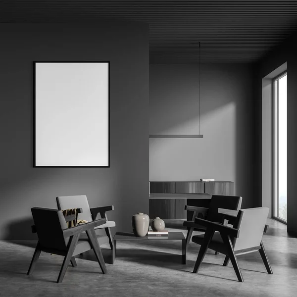 Wartesaal Mit Vier Grauen Stühlen Und Tisch Mit Dekoration Betonboden — Stockfoto
