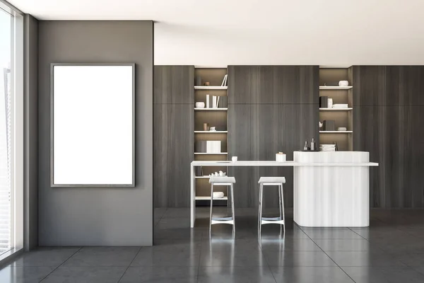 Black kitchen with white wooden table and chairs on tiled floor. Dining room interior with bar chairs and bookshelf with decoration. Copy space blank menu poster near window, 3D rendering