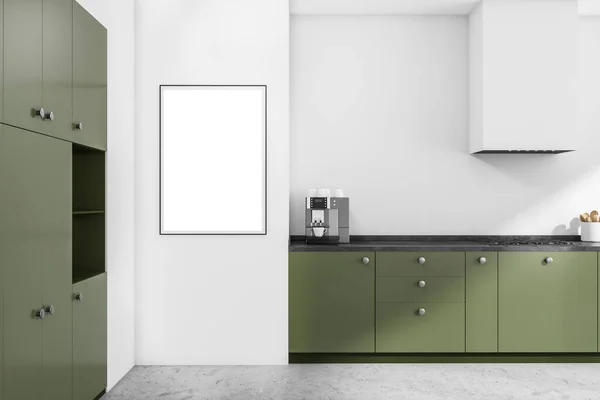Empty canvas on white wall of kitchen interior with green cabinets and grey concrete floor. Creative simplified design with minimalist concept. 3d rendering Mock up.