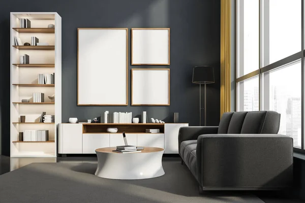 Kreativní Kombinované Rámy Panoramatickém Šedém Obývacím Pokoji Interiéru Pohovkou Bílou — Stock fotografie