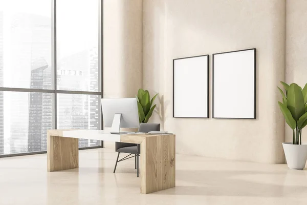 Zwei Leere Rahmen Der Wand Eines Beigen Büros Mit Minimalistischem — Stockfoto