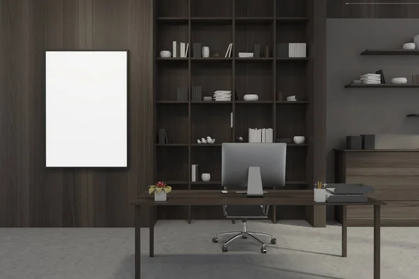 以核桃木和米色墙壁与灰色混凝土地板捆绑在一起制成的一套家具的个人办公室内部的帆布 现代工作空间设计理念 把它弄坏了3D渲染 — 图库照片
