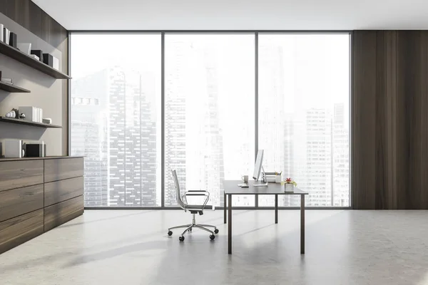 Moderno Espaçoso Interior Escritório Pessoal Com Mesa Escritório Executivo Minimalista — Fotografia de Stock