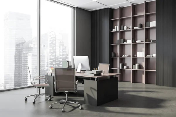 Intérieur Bureau Panoramique Gris Foncé Avec Chaises Roulantes Beige Une — Photo