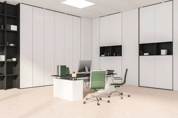 Vista Interior Escritório Branco Bege Com Cadeiras Verdes Guarda Roupa — Fotografia de Stock