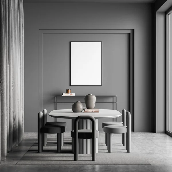 Empty canvas on wall of grey living room with table, chairs, frame sideboard unit, curtain, rug and concrete floor. On trend design in shades of grey, Concept of moden house. Mock up. 3d rendering