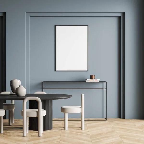 Empty white canvas on blue wall of living room interior with dark wood table, chairs, frame sideboard unit and parquet flooring. Concept of moden house design. Mock up. 3d rendering