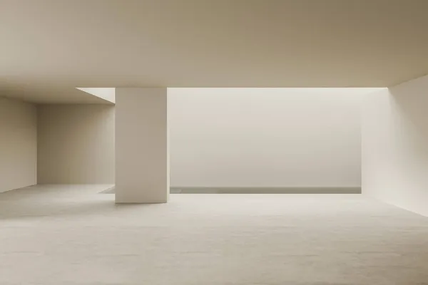 ベージュの床と列 一番下の床とアパートの光ホールのインテリア モックアップ空白のコピースペースウォール 3Dレンダリング — ストック写真