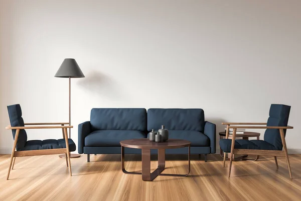 Sofá Azul Interior Del Apartamento Con Dos Sillones Suelo Parquet —  Fotos de Stock