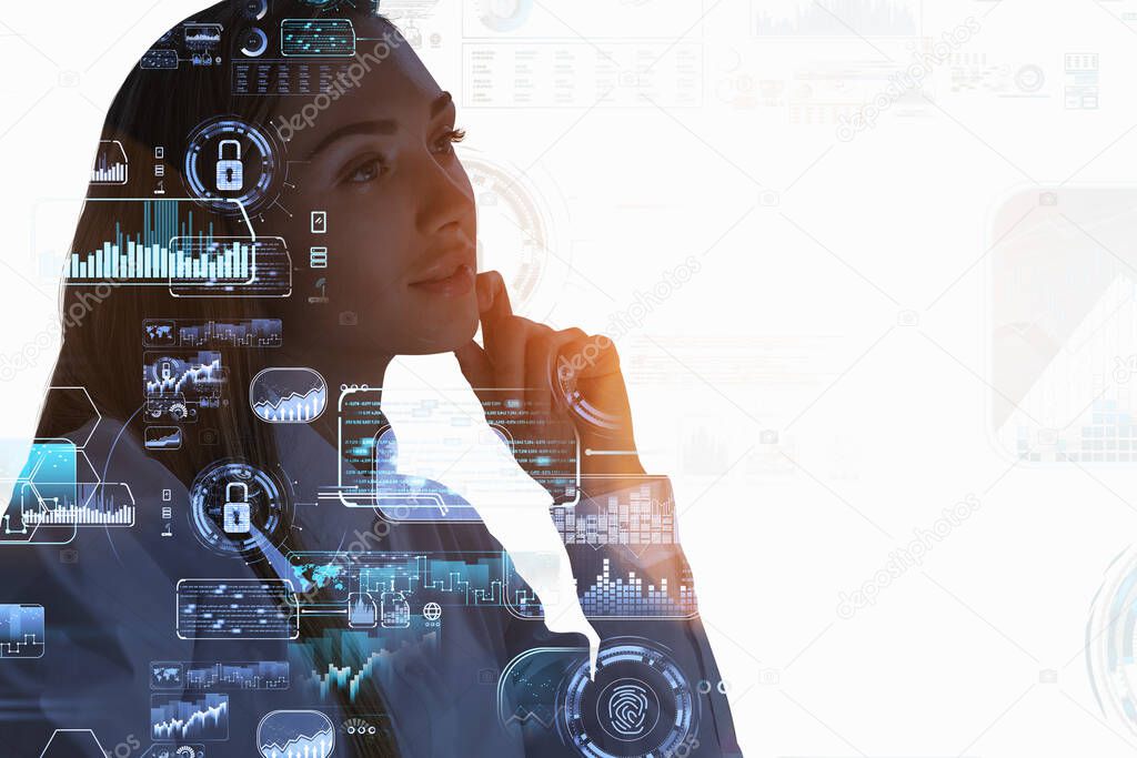 Thoughtful attractive businesswoman pondering about new business prospective and innovative ideas, blue and white glowing information protection icons and globe. Padlock and business data symbols