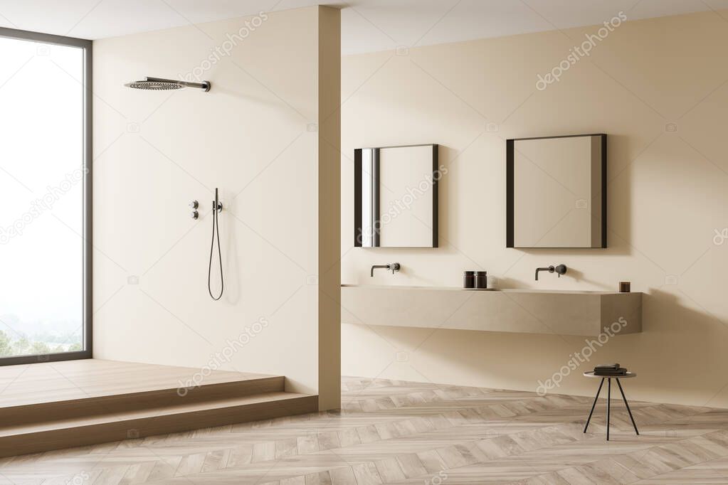 Minimalist shower room interior with stool, beige walls, square mirrors, double vanity, wood-look floor tiles and large cabin with floor-to-ceiling window. Concept of modern design. 3d rendering