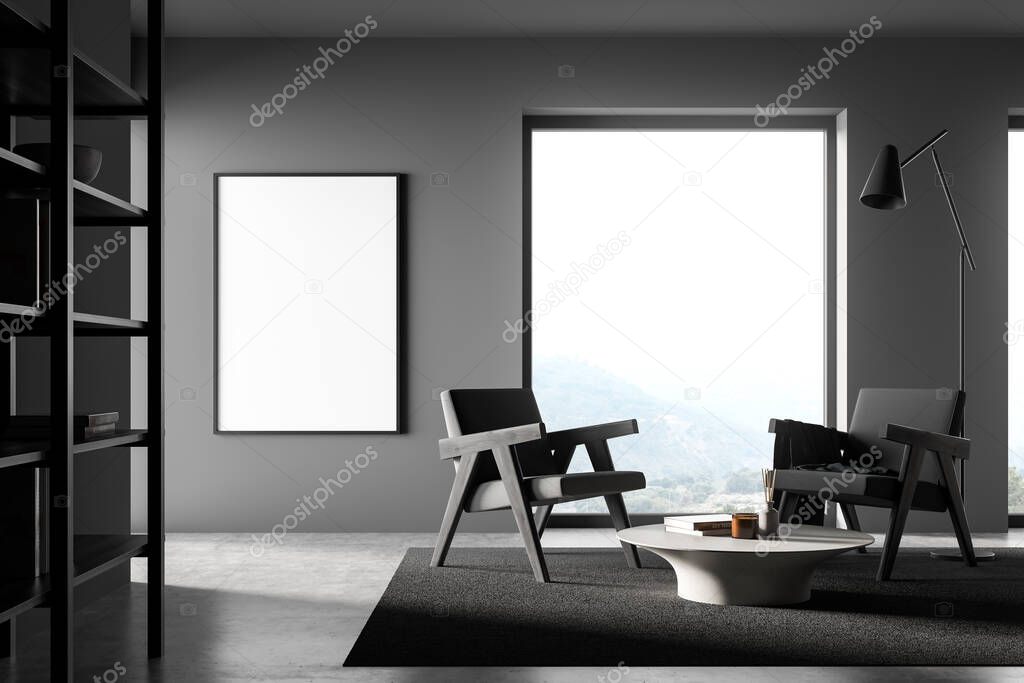 Empty mockup canvas in modern grey living room with two armchairs, coffee table, panoramic window and shelving unit. Interior design concept. 3d rendering