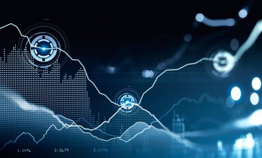 Web ağını gösteren çizgilerle bağlantılı daire hologramlarıyla dijital arayüz. Çizgi ve grafik. Koyu mavi arka plan. Gelecekteki teknolojiler kavramı. 3d oluşturma