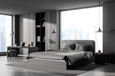 Karanlık yatak odasının iç tarafı panoramik pencereli, Singapur şehir manzaralı, dizüstü bilgisayarı, yatağı, yastıkları, halısı ve beton zemini olan bir masa. Soğukluk için minimalist tasarım kavramı. 3d oluşturma