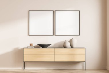 İki boş beyaz poster, büfe ve meşe ağacından parke zemini olan parlak bir galeri odası. Sergi ve sanat için minimalist tasarım kavramı. Model yap. 3d oluşturma