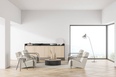 Parlak oturma odası, panoramik pencereli, kırsal manzaralı, iki sehpa, büfe, dört koltuk ve meşe ağacından parke zemin. Soğukluk için minimalist tasarım kavramı. 3d oluşturma