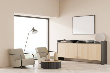 Parlak oturma odasının iç tarafında boş beyaz poster kırsal manzaralı panoramik pencere, büfe, koltuklar ve parke zemin. Soğukluk için minimalist tasarım kavramı. 3d oluşturma