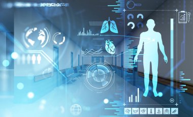İnsan vücudunun hologramıyla dijital arayüz ve akciğer, hap, termometre, şırınga, teşhis, pasta diyagramı ikonlarıyla gövde. Gelecekteki sağlık teknolojileri kavramı. 3d oluşturma