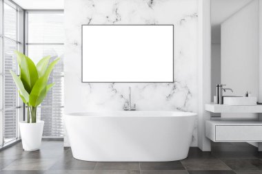 Parlak banyo içi beyaz boş poster, küvet, lavabo, ayna, kiremit beton zemin, Singapur şehrinin gökdelen manzaralı panoramik pencere. Sağlık için hijyenik kavramı. 3d oluşturma