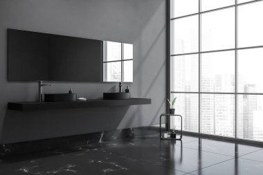 Büyük aynalı karanlık banyo, çift lavabo, pompada sıvı sabun, gri duvar, beton döşeme ve Singapur şehir manzaralı. Sağlık için hijyenik ve spa prosedürleri kavramı. 3d oluşturma