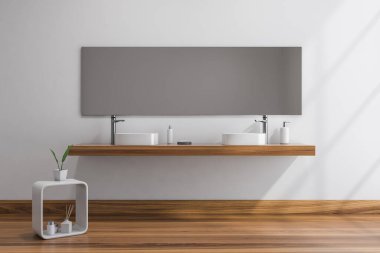 Büyük aynalı parlak bir banyo, çift lavabo, pompada sıvı sabun, gri duvar, meşe ağacından zemin. Sağlık için hijyenik ve spa prosedürleri kavramı. 3d oluşturma