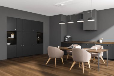 İçi yemek masası, dört sandalye, gri duvar, meşe ağacı ahşap zemin, dolap, elektrikli fırın ve masa olan karanlık mutfak odası. Çağdaş minimalist tasarım. 3d oluşturma