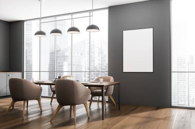 İçi boş beyaz poster, yemek masası, dört sandalye, Singapur şehri gökdelen manzaralı panoramik pencere, meşe ağacından zemin. Çağdaş minimalist tasarım. 3d oluşturma