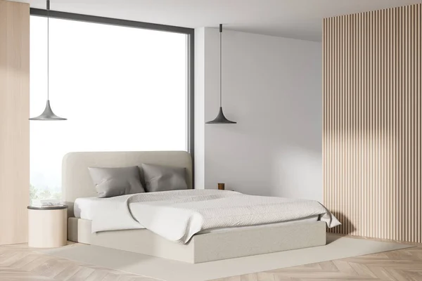 パノラマの窓 大きなベッドルーム カーペット 木製の寄木細工の床と明るいベッドルームのインテリアでコーナービュー 寒さとリラクゼーションのためのスカンディナヴィアのミニマリストデザインの概念 3Dレンダリング — ストック写真