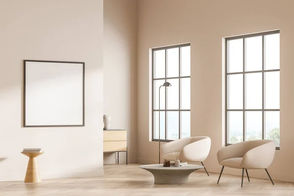 Bright gallery room interior with empty white poster, two armchairs, panoramic window, sideboard and wooden parquet floor. Concept of minimalist design for exhibition. Mock up. 3d rendering