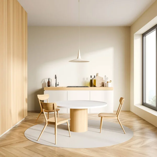 Světlý Interiér Kuchyně Třemi Židlemi Jídelním Stolem Kobercem Dubovou Dřevěnou — Stock fotografie