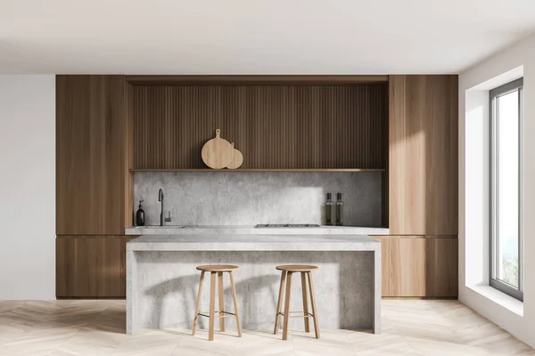 Sluiten Uitzicht Lichte Keuken Interieur Met Twee Barkrukken Kast Bar — Stockfoto