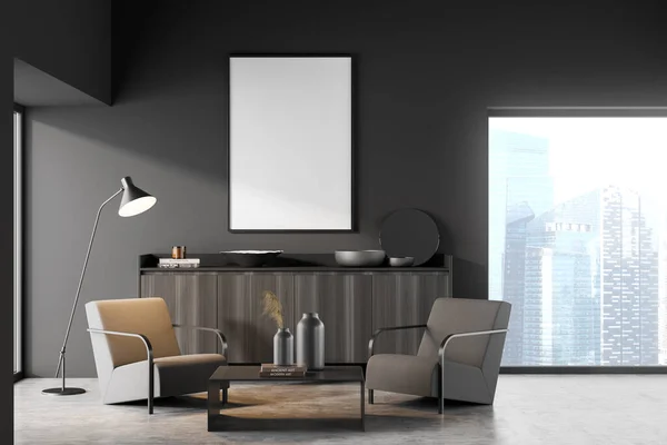 Dark living room interior with empty white poster, panoramic window with Singapore view, coffee table, sideboard, two armchairs and concrete floor. Concept of minimalist design for chill. 3d rendering