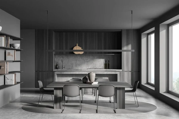 黑暗的厨房室内有两个吧台 有六张椅子的餐桌 水泥地板和全景窗户 当代简约主义设计 3D渲染 — 图库照片